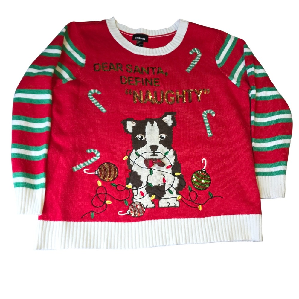 JOE BOXER Women's Red Dog Christmas‎ Sweater Sequins Candy Cane Naughty Size 2X